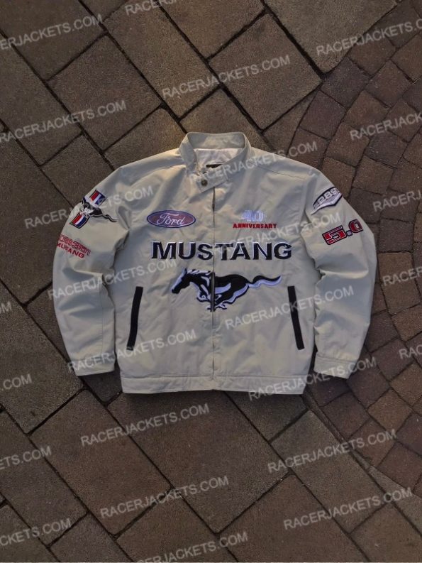 Ford Mustang Vintage Racing White Formula One Jacket